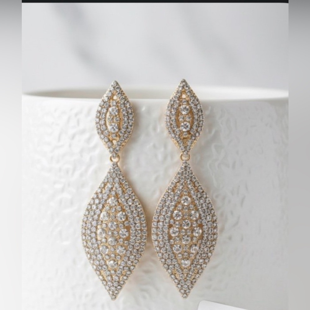 Gold-Toned Rhinestone Teardrop Dangle Earrings – Formal/Prom/Wedding Statement